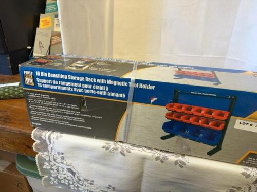 16 bin bench top storage rack with magnetic tool holder