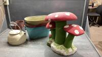 GARDEN DECOR- CAST KETTLE, FLOWER POTS, MUSHROOM CEMENT DECOR