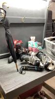 LAUNDRY BASKET W/ (2) PAIRS ROLLER BLADES, ICE SKATES, UMBRELLA, CANE