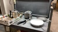 FLAT WITH FRYPANS, 2 POTS, CUISINART RICE COOKER, IMMERSION BLENDER