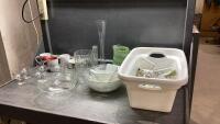 (2)ITEMS - WHITE TUBS W/OLYMPIC CHAMPAGNE GLASSES, BOX W/BOWLS, CUPS, VASES, PITCHER,