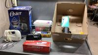 (2)BOXES - OSTER COFFEE MAKER, ELECTRIC KNIFE, HAND BLENDER, SEWING NOTIONS,