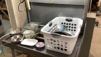 LAUNDRY HAMPER W/ROASTERS, MUFFIN PANS, KITCHEN UTENSILS