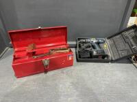 Red toolbox and contents +18 V cordless drill