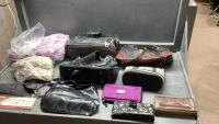 BOX OF PURSES AND WALLETS, CURTAIN , TOWELS