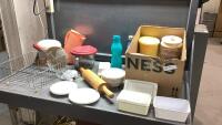 (2)BOXES - PLASTIC FOOD STORAGE, GLASS MEASURING BOWL, ASSORTED CORELLE DISHES
