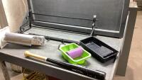 BOX W/DRYER VENT, PAINT TRAYS, METAL SHELF/COAT HANGER,BASEBALL BAT