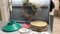 (3) PINE CIRCLES + CHRISTMAS TREE STAND, WREATH, MISC DECOR