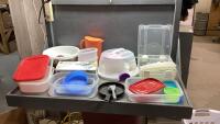 (2) BOX + LAUNDRY BASKET WITH PLASTIC FOOD STORAGE CONTAINERS, SMALL FRYPAN, BOWLS