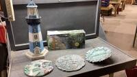 (3)ITEMS - SOLAR LIGHT HOUSE, GARDEN SPITTERS, 3 PLAQUES