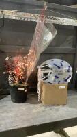 (2) ITEMS -BOX W/ CLAMP ON POOL DRINK HOLDERS , TRAY, DOG CONE AND PLANTER WITH LIGHT UP TWIG, DECOR