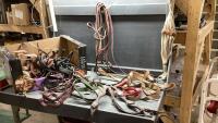 BOX WITH ASSORTED TACK - HALTERS, BRIDLES, BREAST COLLAR, REINS