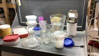 BOX W/POPCORN POPPER, TUPPERWARE, CASES, PITCHER, PLASTIC STORAGE CONTAINERS