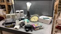 BOX W/ SPEAKERS, TELEPHONE, CLOCK, LAMP, HAIR DRYER, HEADPHONES