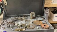 BLUE TOTE W/CAST PIECES, VINTAGE DRAWER PULLS, BITS, SPROCKETS