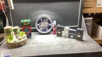 BOX W/PERFUMES, CLOCK, DECOR ITEMS