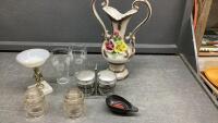 VINTAGE ITEMS - ITALIAN PORCELAIN VASE, INSULATORS, CREAM & SUGAR ON CADDY