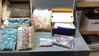 BOX W/ LACE, FABRIC PIECES AND BEADS