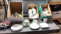 (2) BOXES - ASSORTED CORELLE CUPS + SAUCERS, GLASSES