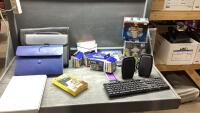 FILE FOLDERS, KEYBOARD, SMALL SPEAKERS,METAL CLIPBOARD, PRINTER INK