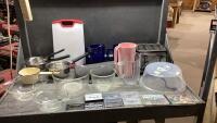 BOX W/ TOASTER, PITCHERS, POTS, PLACEMATS, MIXING BOWLS