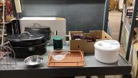ROASTER AND BOX 2/ TRAY, PURPLE BOWLS + CUPS, CANNISTER