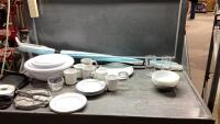 CURTAIN RODS,TORTILLA PRESS, CORELLE DISHES, MUGS,