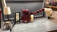 (2)BOXES- LAMP, RED VASE/CANDLE HOLDERS