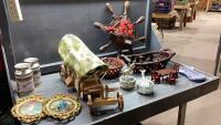 BOX OF DECOR ITEMS- WAGON LAMP, DOLL HOUSE FURNITURE