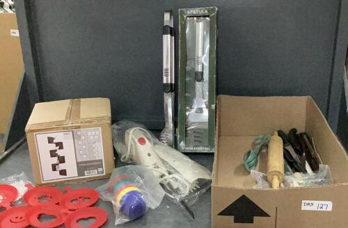 KITCHEN UTENSILS - ELECTRIC KNIFE, BBQ TOOLS, CORNER SHELF, ETC