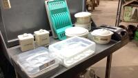 (2)BOXES -CORELLE CASSEROLE BOWLS, 2 METAL CANNISTERS, CUPCAKE CARRIERS