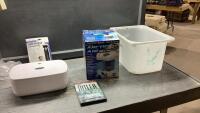 BOX + IKEA TUB W/MUSTACHE TRIMMER, UNDERWEAR DISINFECTING UNIT, MOSQUITO THERMOCELL