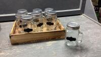 BOX W/(8)MASON DRINKING JARS AND PINE WOOD TRAY