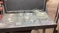 BOX OF CASSEROLE DISHES, GLASS BAKING PANS, MIXING BOWL,