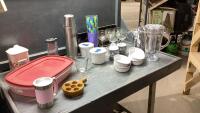 BOX + TOTE W/DUCK WINE GLASSES, MUGS, SMALL CORNINGWARE DISHES,
