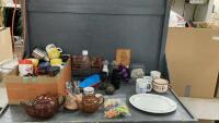 (2) BOXES W/ MISC GO-CUPS (SOME VINTAGE), SALT & PEPPER GRINDERS, PLATTER, TEA POTS ETC