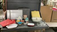 PUNCH BOWL W/ GLASSES, (3) COOKIE SHEETS, (2) SILICONE "SHAPE STORES", (2) SMALL "TAG" BOWLS