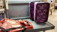(2)PURPLE CARRY-ON SUITCASES + ORANGE VINYL DUFFLE BAG