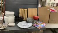 MISC KITCHEN ITEMS - CUTTING BOARDS, PICNIC SUPPLY HOLDER, CHIFFON PAN, CAST FONDUE MAKER