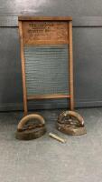 THE JASPER CO. WASHBOARD & (2) SAD IRONS + WOOD CLOTHES PIN