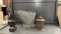 ANTIQUE COAL BUCKET AND (2) DECORATIVE LANTERNS