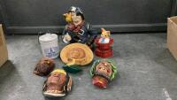 VINTAGE BOSSON PLASTER HEADS, RESIN PIRATE, CONDIMENT JAR
