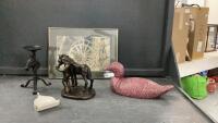 CAST HORSEHEAD CANDLE HOLDER, PLASTER HORSE W/GIRL, VERNA MOGK PENCIL PRINT, ASHTRAY, MACTAC COVERED DUCK