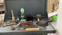 VARIETY OF VINTAGE ITEMS - STOVER CAST WAFFLE MAKER WITH STAND, POTATOE RICER, MILKSHAKE MAKER, BISCUIT BARREL,