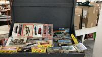 (2) BOXES W/ VINTAGE TRAIN SET, FALLER & TYCO TRAIN BUILDING ACCESSORIES, COX CARS AND TRAIN HISTORY BOOKS