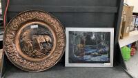 NEEDLEPOINT DEER PICTURE & LARGE BRASS DECOR PLATE
