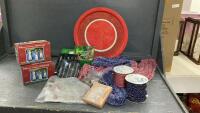 GOOD LIDDED TOTE W/ CHRISTMAS LIGHTS, ORNAMENTS & TRAYS, CROCHET YARN, FABRIC CORD