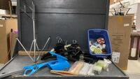 TOTE W/MUSIC STAND, LONG SHOE HORNS, HANGERS, CANDLES & HOLDERS