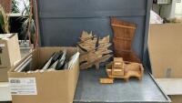 BOX OF FRAMES, COLLECTOR SPOON RACKS, HOMEBUILT TRINKET HOLDER