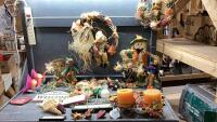 BLUE TOTE OF FALL DECOR - WEATHS, WALL HANGINGS, CANDLE